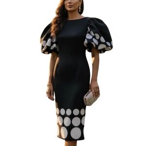 # A099  For Her NYC  Vintage Black Dress  Polka Dot Puff Sleeve  NWT size S